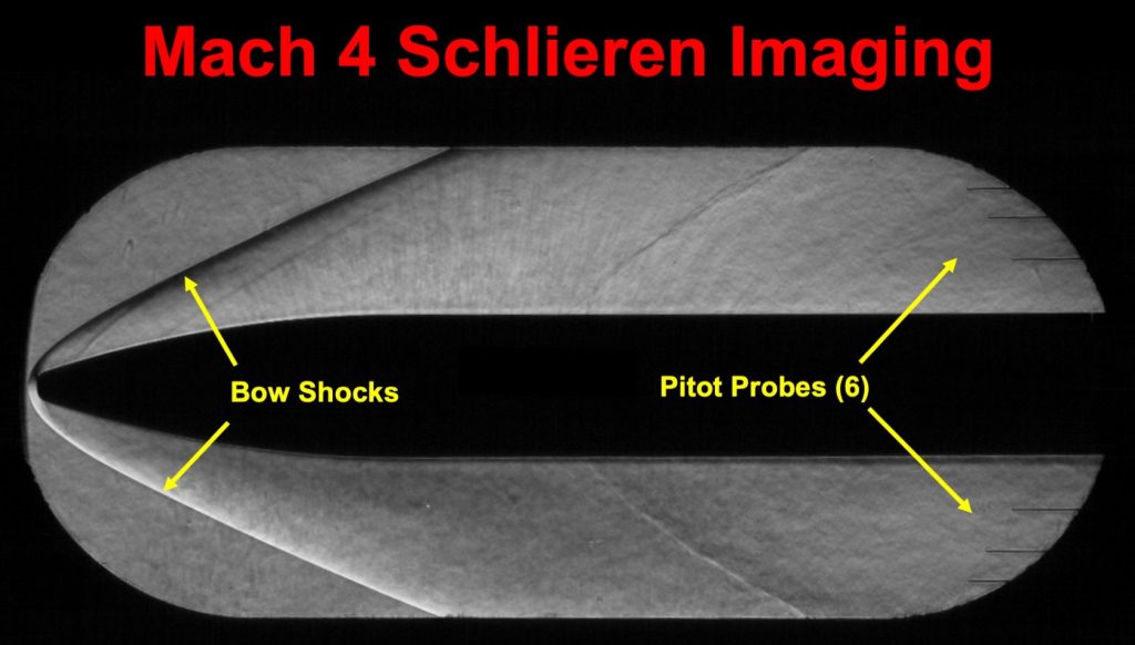 Frame from schlieren high-speed imaging video of the GAC HEAT test article shock environment at Mach 4.