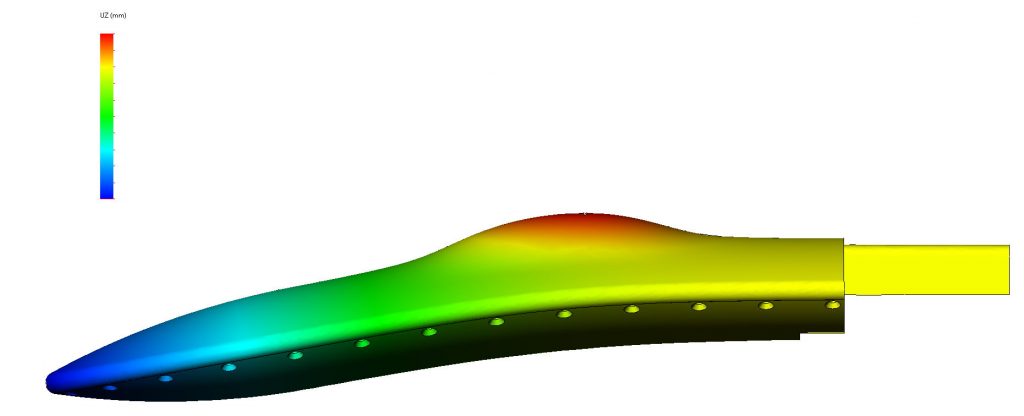 FEA results of exaggerated z-axis distortions due to heating of the thin, curved panel.